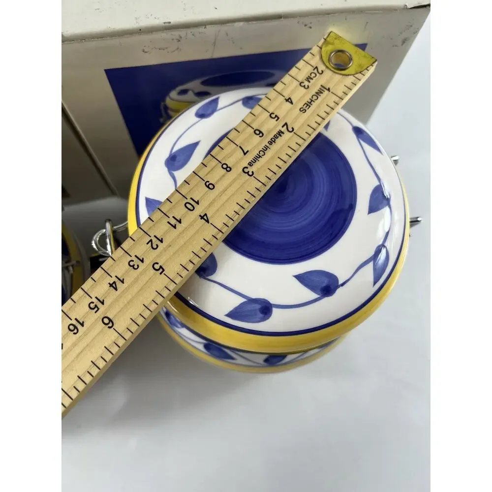 Set of 2 Hand Painted Ceramic Canisters with Clamp Lids 6.5” Blue Yellow